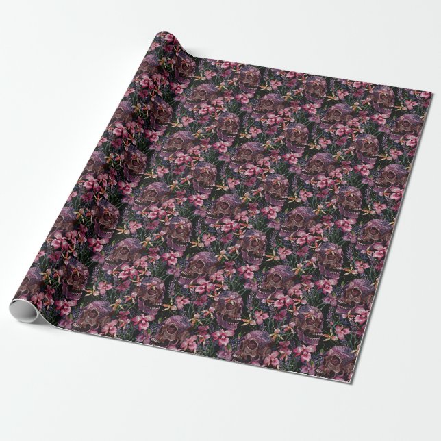 Papier Cadeau Crâne brodé : Motif gothique de l'orchidée (Déroulé)