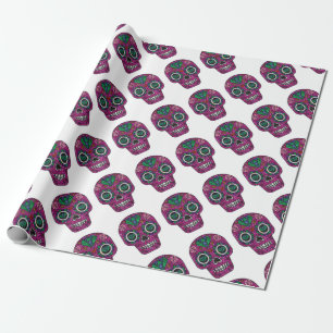 Papier Cadeau crâne de sucre parties scintillant rose