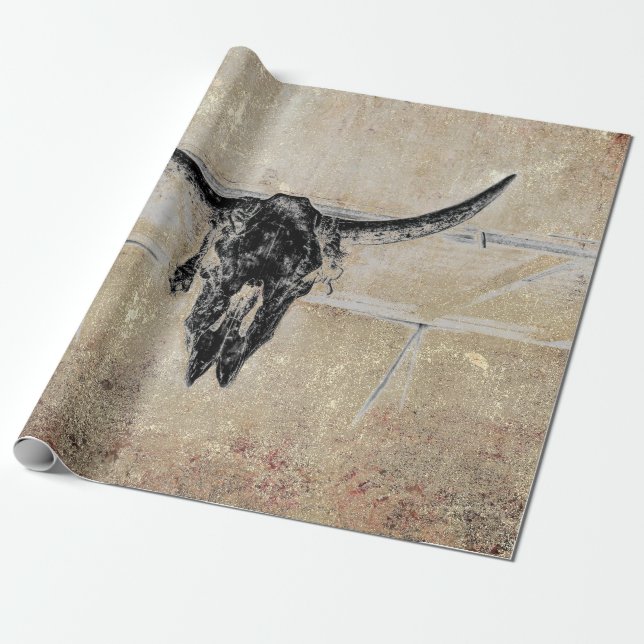 Papier Cadeau Crâne de taureau noir occidental rustique texture  (Déroulé)
