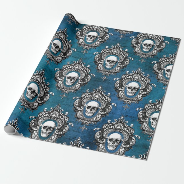 Papier Cadeau Crâne et gothique Turquoise (Déroulé)