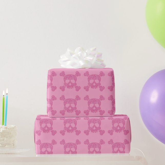 Papier Cadeau Crâne et os croisés rose glamour (Cadeaux de fête)
