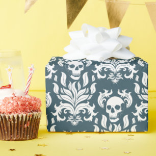 Papier Cadeau Crâne flamme Damas en blanc croustillant sur bleu 
