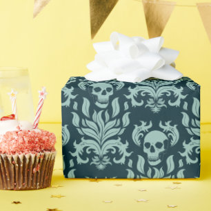 Papier Cadeau Crâne flamme Damas en vert menthe sur bleu profond