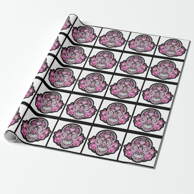 Papier Cadeau Crâne Girly rose de sucre (Déroulé)
