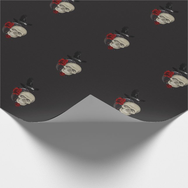 Papier Cadeau Crâne gothique avec Rose et corbeau (Coin)
