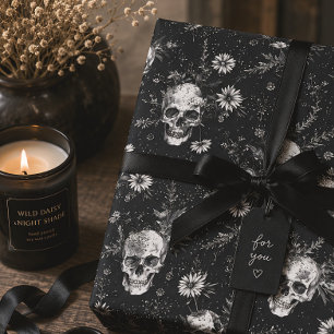 Papier Cadeau Crâne gothique et fleurs sauvages Floral noir