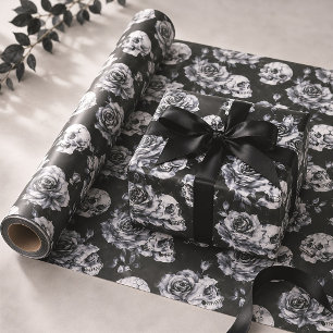 Papier Cadeau Crâne gothique et roses florales sombres