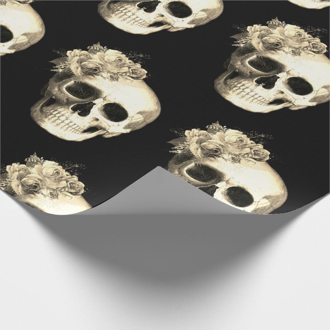 Papier Cadeau Crâne gothique Rose blanche Motif Halloween (Coin)