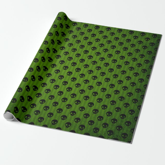 Papier Cadeau Crâne gothique vert impression rustique Halloween (Déroulé)