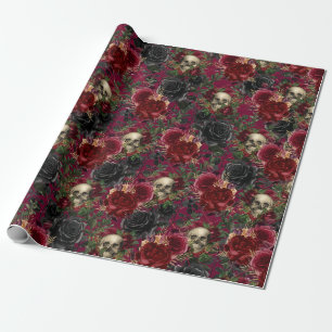 Papier Cadeau Crâne gothique vintage et Rose rouge et noir