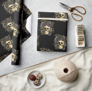Papier Cadeau Crâne gothique vintage Roses noires et or