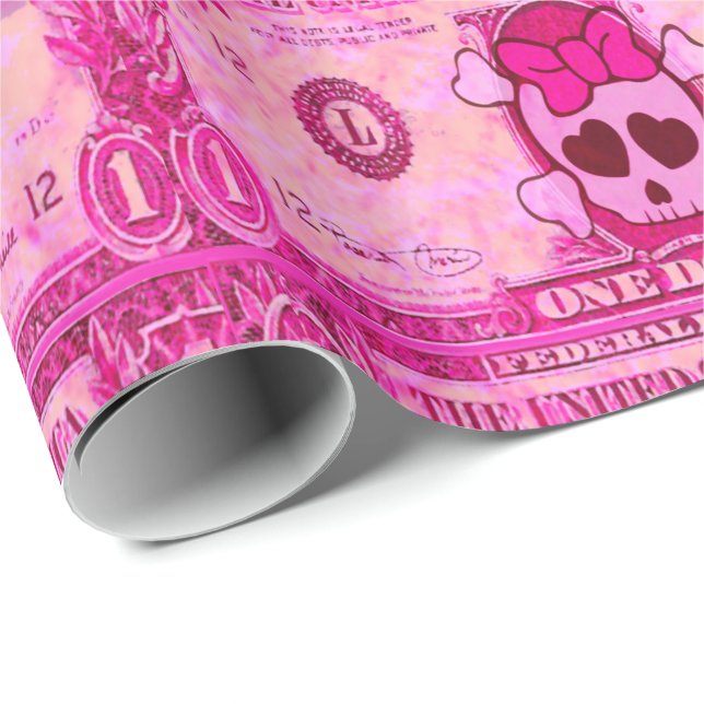 Papier Cadeau crâne mignon, dollar rose (Coin rond)