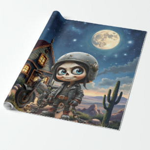 Papier Cadeau Crâne Mignon Motard Balade au Clair de Lune à Tr