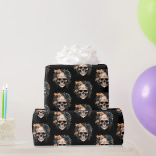 Papier Cadeau Crâne motif fleurs noir et or Halloween