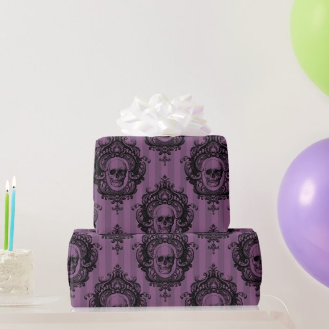 Papier Cadeau Crâne victorienne violet et noir Motif Halloween (Cadeaux de fête)