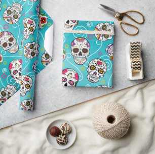 Papier Cadeau Crânes à sucre et torons bleu turquoise ID725