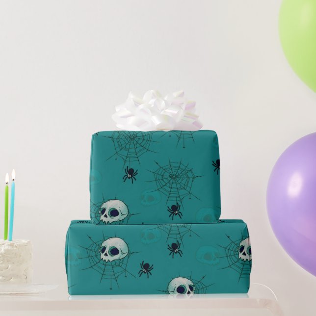 Papier Cadeau Crânes Araignées Toiles d'araignées Vert Halloween (Cadeaux de fête)