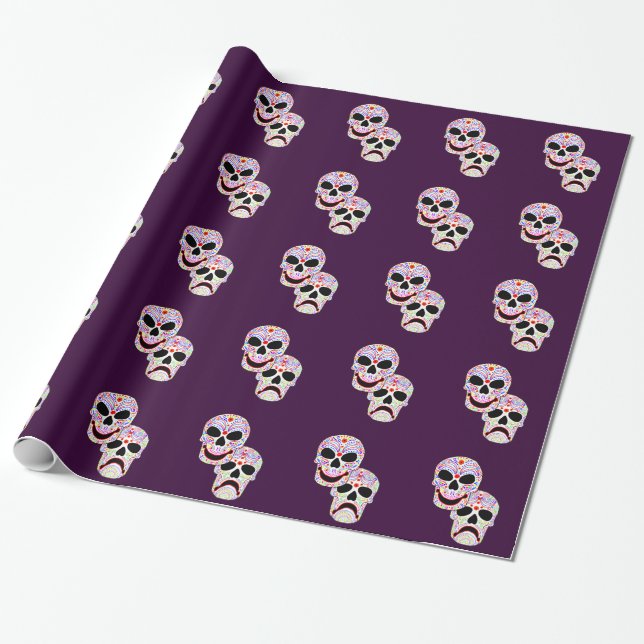 Papier Cadeau Crânes de Comédie-Tragédie de Halloween DOTD (Déroulé)