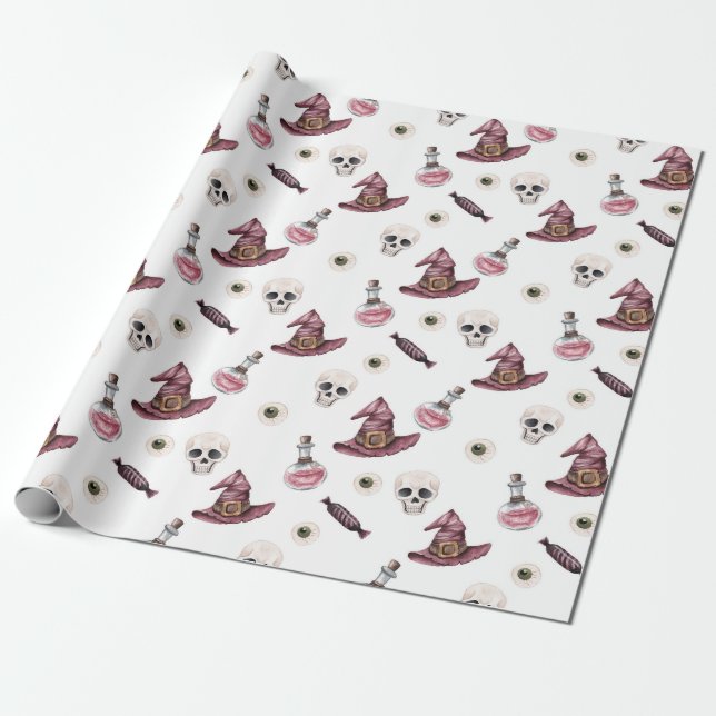 Papier Cadeau Crânes d'Halloween, Casquettes sorciers, potions e (Déroulé)