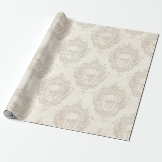 Papier Cadeau Crânes d'ivoire Damask Baroque Patterned (Déroulé)