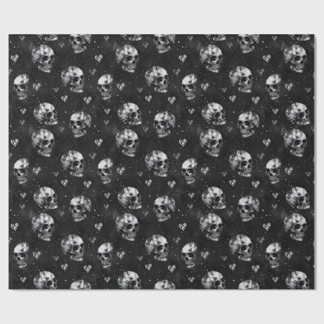 Papier Cadeau Crânes et cœurs gothiques noirs (Plat)