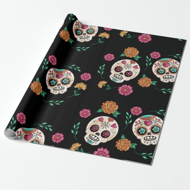 Papier Cadeau Crânes et fleurs de sucre de jour des morts noirs (Déroulé)