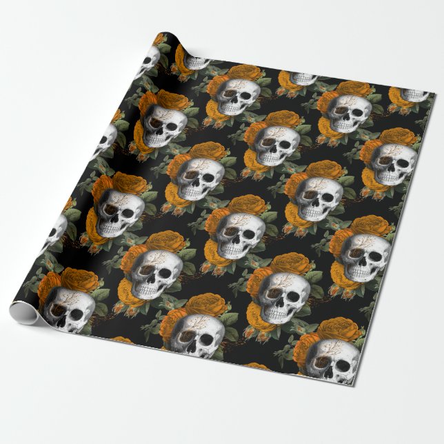 Papier Cadeau Crânes et fleurs orange sur noir (Déroulé)