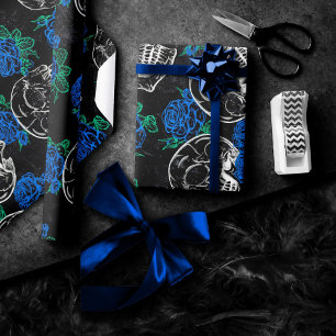 Papier Cadeau Crânes et Roses bleus   Cool Funky Dark Grunge