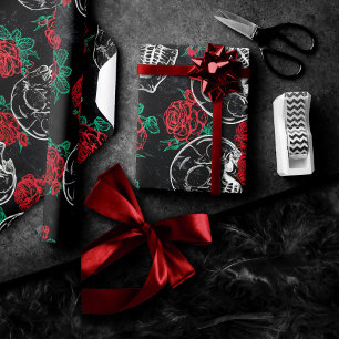 Papier Cadeau Crânes et roses rouges   Grunge gothique moderne