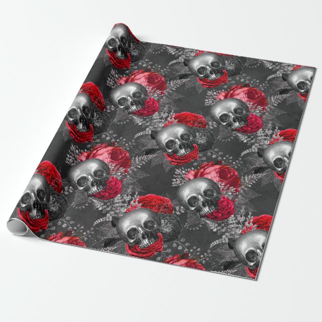 Papier Cadeau Crânes et roses rouges sur gris (Déroulé)