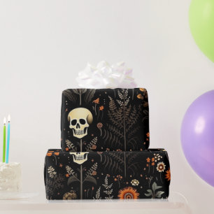 Papier Cadeau Crânes Fleurs et verdure Halloween noir