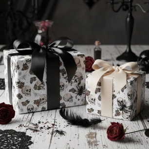 Papier Cadeau Crânes gothiques blancs et fleurs Roses