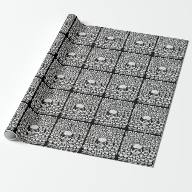 PAPIER CADEAU CRÂNES MUR MORT MORTS SQUELETTE NOIR BLANC (Déroulé)