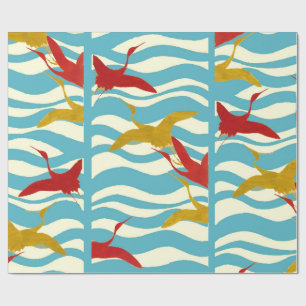 PAPIER CADEAU CRANES ROUGES JAUNES VOLANT SUR DES VAGUES BLANCHE
