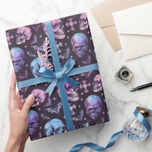 Papier Cadeau Crânes Violets Envoûtants Chauves-souris & Croix