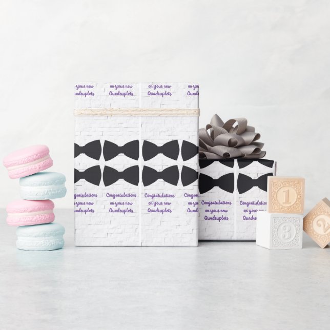 Papier Cadeau Cravates Black Bow sur Blanc avec Quadruplets viol (Baby Shower)