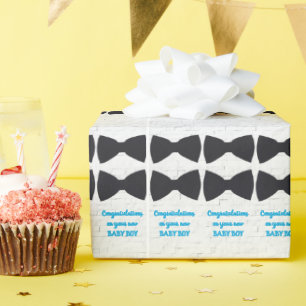 Papier Cadeau Cravates noir sur blanc avec Bleu Baby Boy Texte