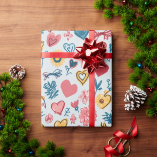 Papier Cadeau Crayon Coeurs et fleurs
