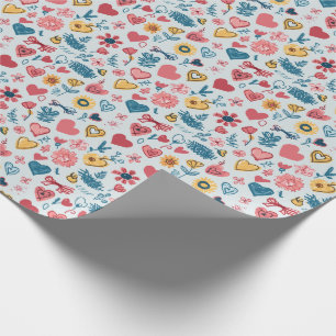 Papier Cadeau Crayon Pastel Coeur & Fleurs