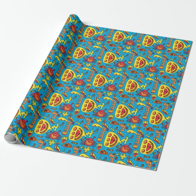 Papier Cadeau Crazy Ocean Créatures et Jaune Sous-marin Jaune (Déroulé)
