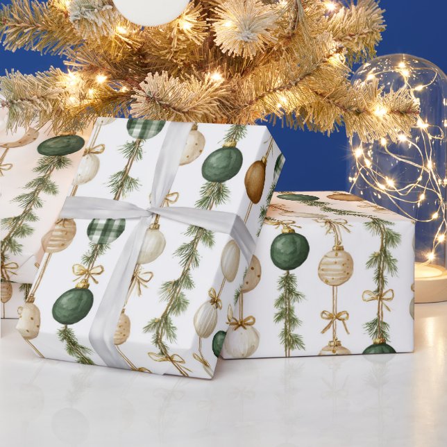 Papier Cadeau Cream Green Gold Christmas Ornaments (Vacances)