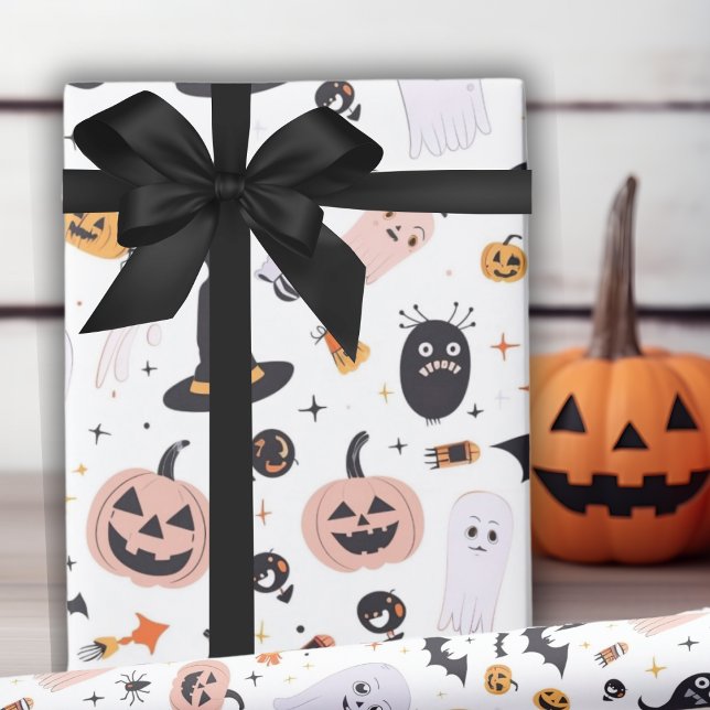Papier Cadeau Créations Pastel Citrouille Et Whimsical Halloween (Pastel Pumpkin And Whimsical Halloween Creatures Wrapping Paper)