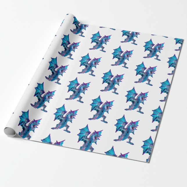 Papier Cadeau Créature Artistique Brillante Dragon de Feu Bleu É (Déroulé)