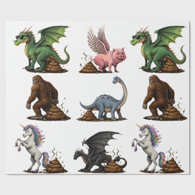 Papier Cadeau Créatures mythiques drôles qui font caca (Plat)