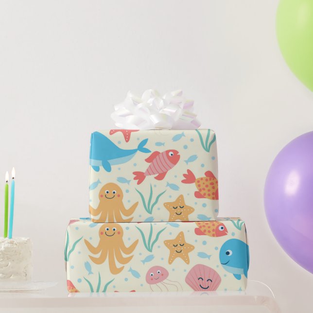Papier Cadeau Créatures Océaniques Drôles sous l'Eau Motif  (Cadeaux de fête)