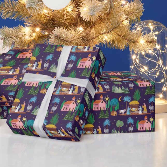 Papier Cadeau Crèche de Noël dessinée à la main (Vacances)