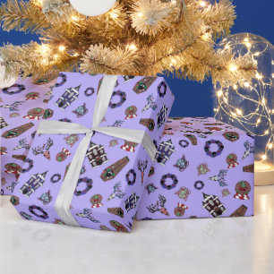 Papier Cadeau Creepmas violet Motif avec crânes, Maison hantée