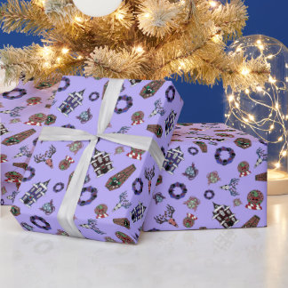 Papier Cadeau Creepmas violet Motif avec crânes, Maison hantée