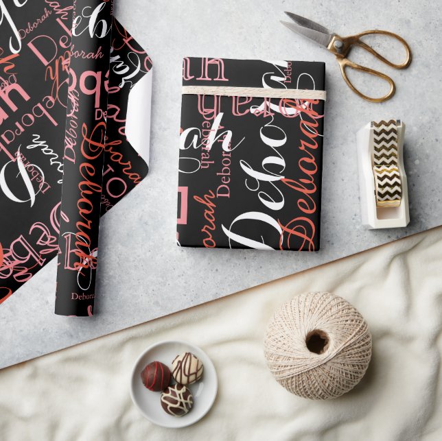 Papier Cadeau Créer son nom Typographie rose sur noir (Artisanat)