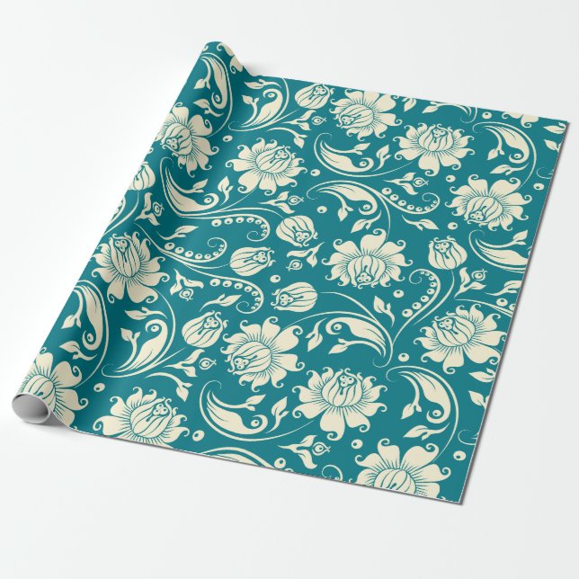 Papier Cadeau Crème claire et Damas florales Turquoises-vertes (Déroulé)